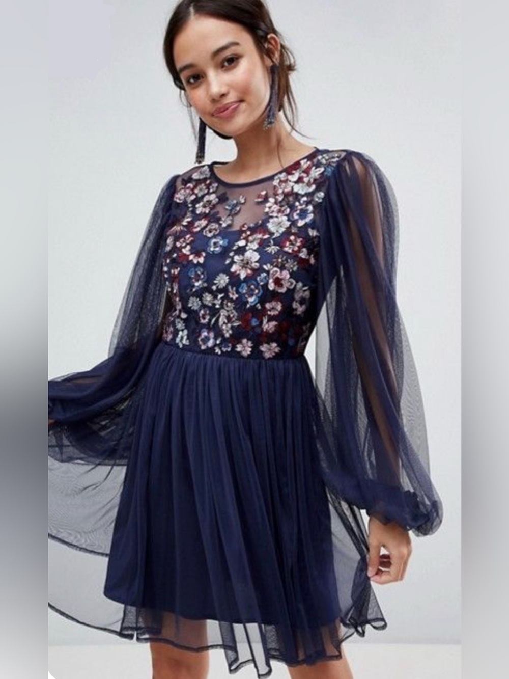 ASOS Navy Floral Embroidered Sheer Dress With Removable Slip